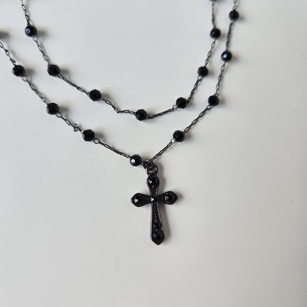 Forever 21 Black Beaded Cross Necklace - Picture 3 of 7